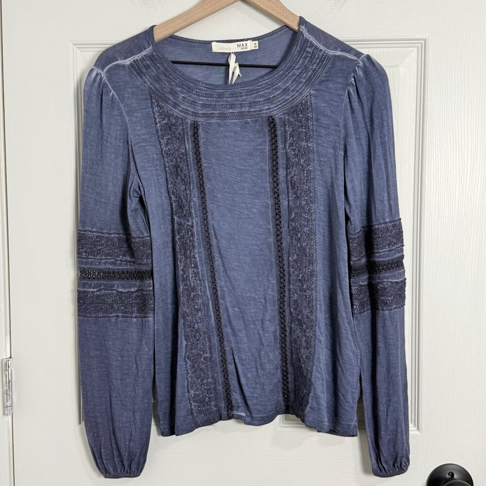 MAX Blouse Womens Medium Blue Bohemian‎ Hippie Crochet Detail Long Sleeve